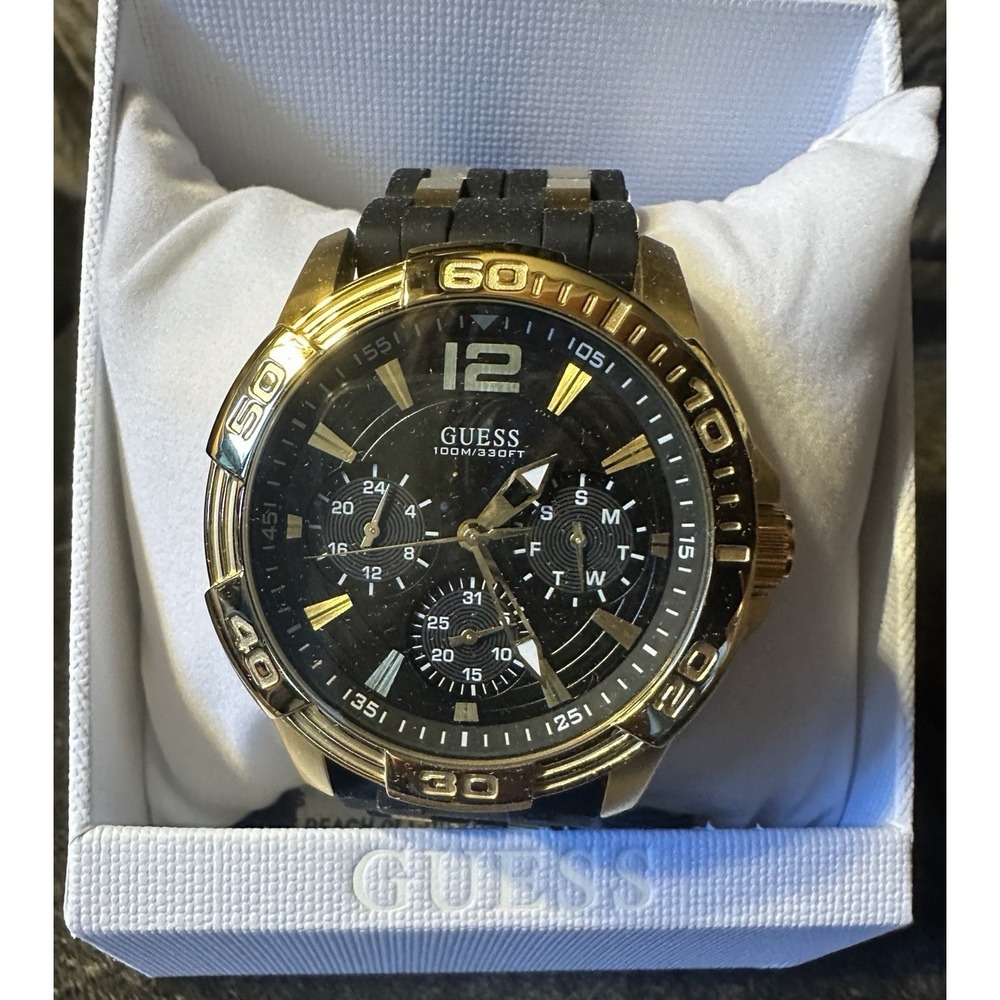 Guess Men's Iconic Black Dial Gold Tone Silicone Band Analog Watch NIB